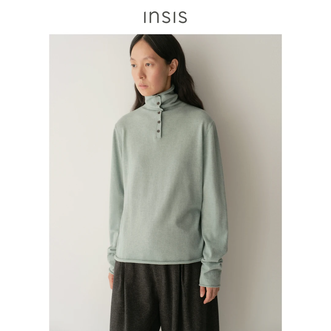 INSIS FEMME精纺美丽诺绵羊毛2025冬半门襟堆堆领松弛针织上衣女