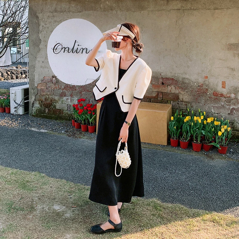 法式高级感小香风套装女夏季新款轻熟气质显瘦吊带长裙两件套