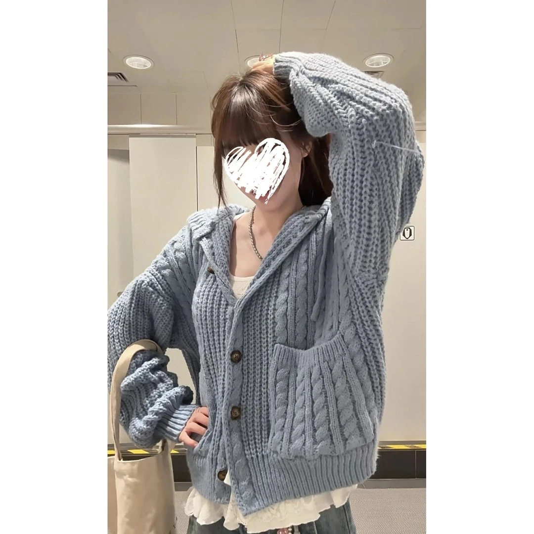 秋美式复古慵懒风连帽针织毛衣女外套蕾丝拼接长袖T恤套装 #C1224