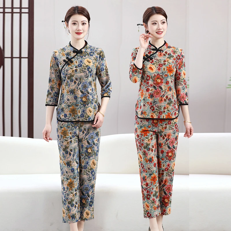 旗袍领中袖薄款常规款中老年女装中老年春夏季格子春秋妈妈装时尚