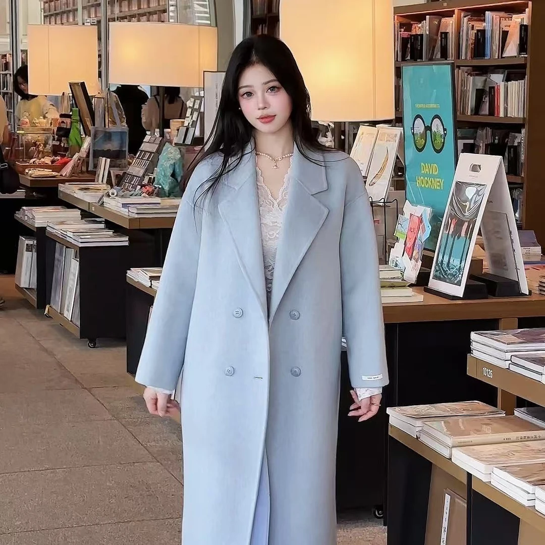 （陳柒柒定制）韩版宽松显瘦四粒扣气质经典双面羊毛长款大衣
