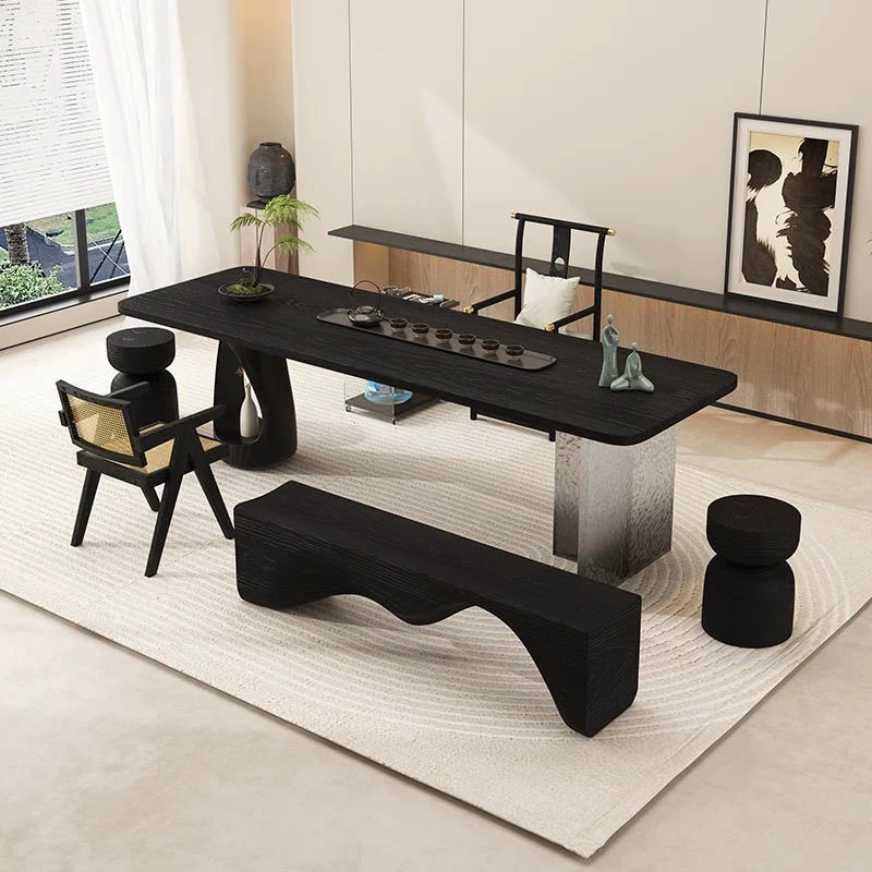 极简设计黑色碳化实木茶桌客厅书桌大板桌侘寂风办公桌