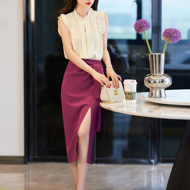 甜美花边领无袖上衣+显白梅子色包臀半身裙套装  JYNW2304 188303