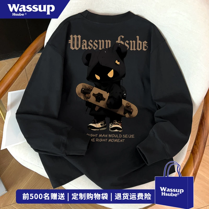 WASSUP HSUBE美式潮牌设计感滑板小熊印花长袖T恤男小众感打底衫