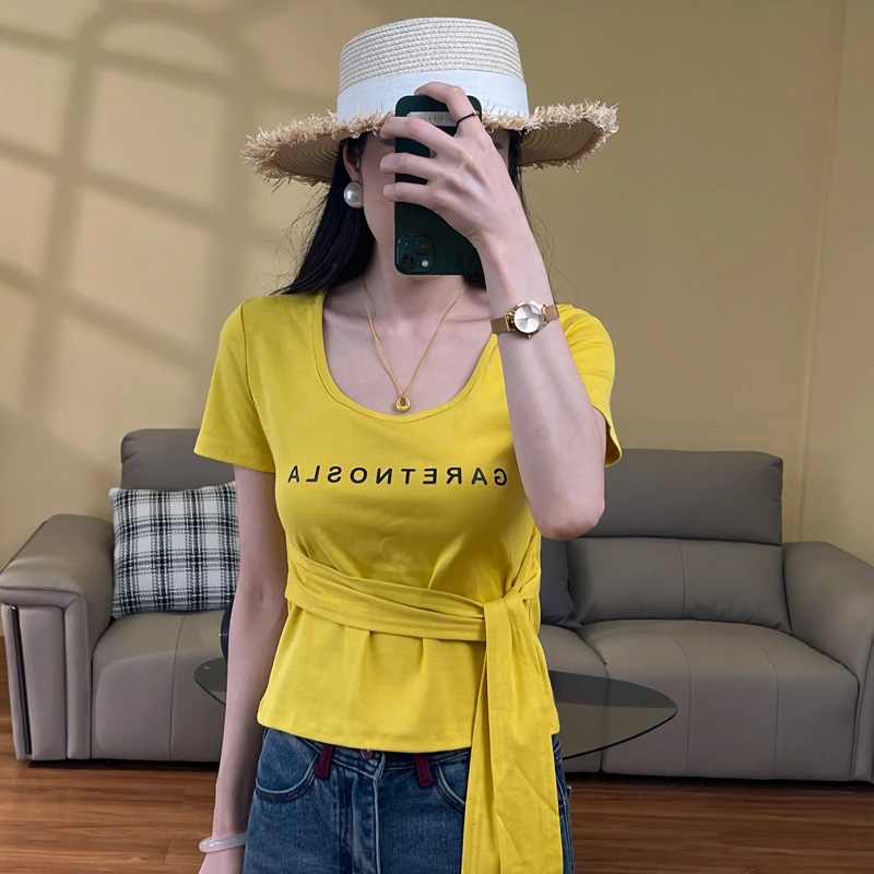 夏季纯欲性感大领口字母印花垫肩上衣设计感绑带修身T恤女短袖