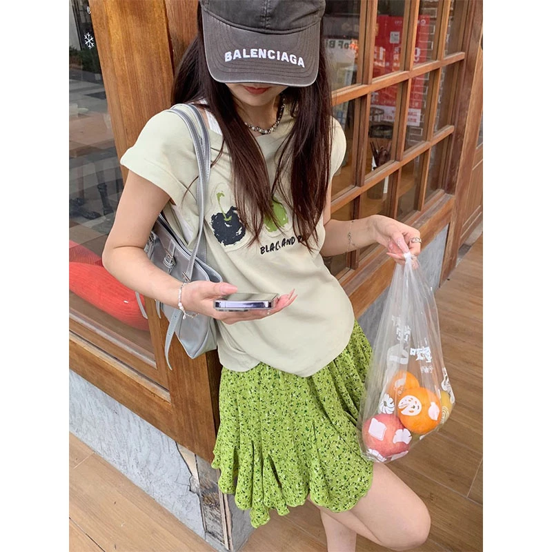 韩系慵懒俏皮苹果休闲印花贴布显瘦短袖T恤上衣高腰a字半身裙短裙
