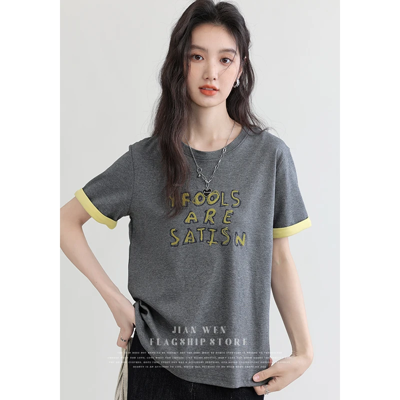 2025夏季新款时尚复古字母撞色短袖T恤女高级洋气显瘦气质上衣潮
