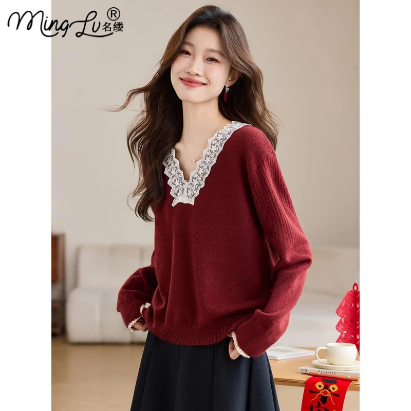 蕾丝拼接V领针织衫女2025春秋冬宽松毛衣洋气内搭本命年打底上衣