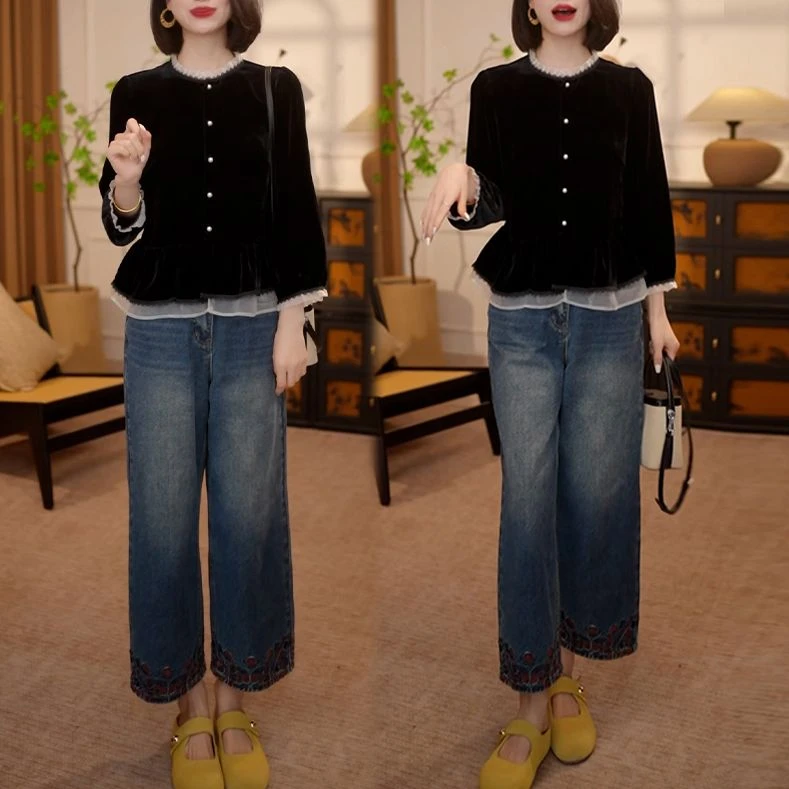 法式复古拼接丝绒长袖衬衫女2026秋季洋气百搭显瘦减龄衬衣高级感