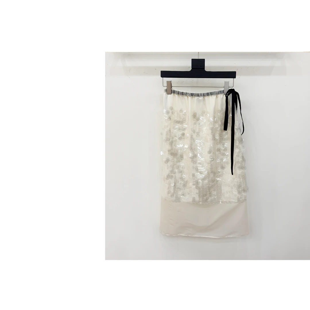 【西西高定】设计感系带松紧腰拼接网纱亮片半身裙