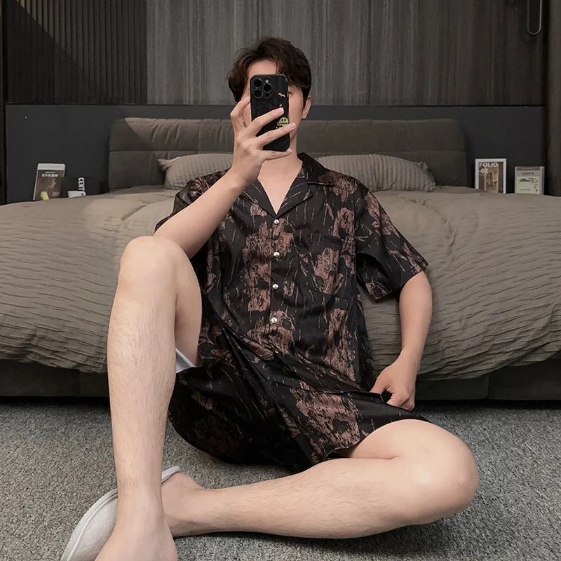 男士夏天睡衣短袖薄款冰丝2025新款可外穿大码夏季家居服男两件套