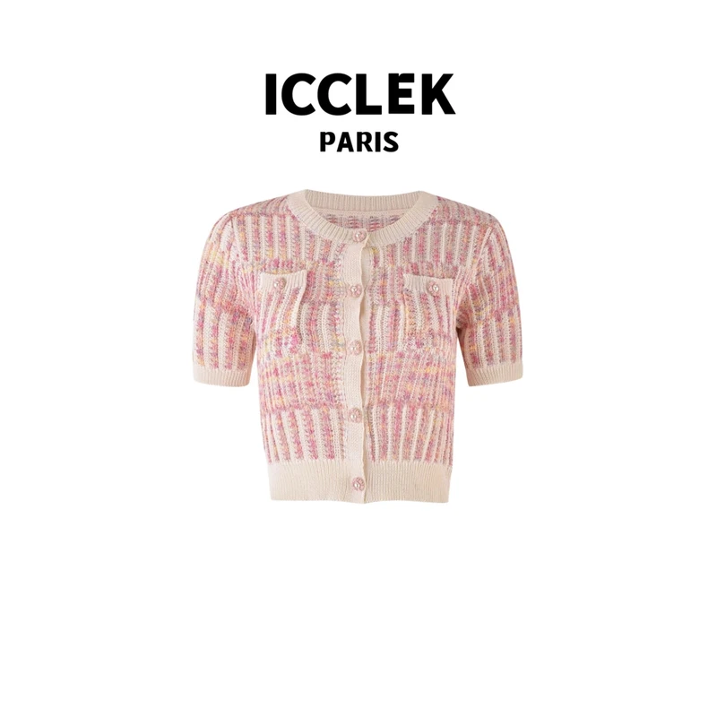 ICCLEK 纯色单排扣短袖针织开衫 粉色 -2650