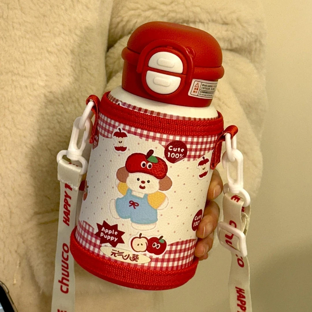 苏泊尓苹果小狗保温杯大容量女生高颜值水杯带吸管新款学生双饮杯