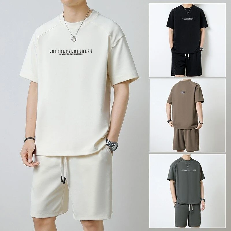 男士夏季T恤短裤套装2025休闲宽松印花短袖帅气运动两件套5552