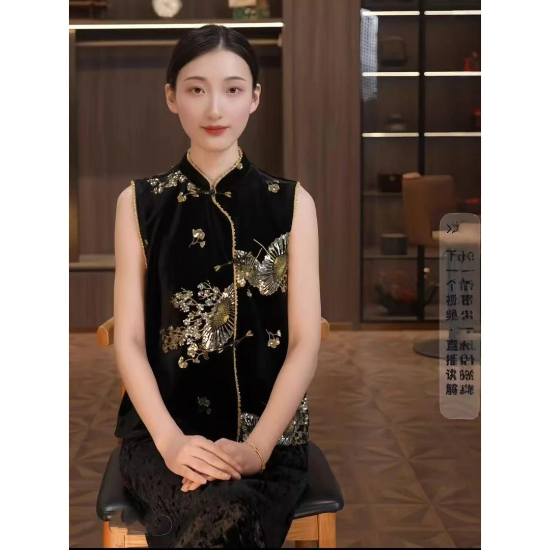 时尚新款女装丝绒重工绣花珠片马甲新中式国风复古坎肩上衣坎肩