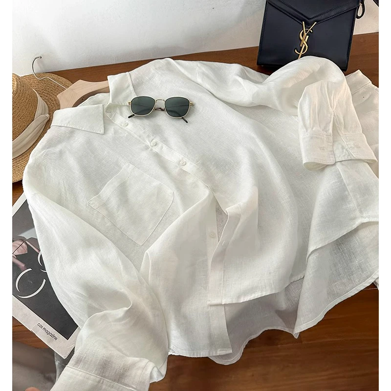 老钱风棉麻衬衫宽松小众上衣2025亚麻薄款长袖白色衬衣高级防晒衫