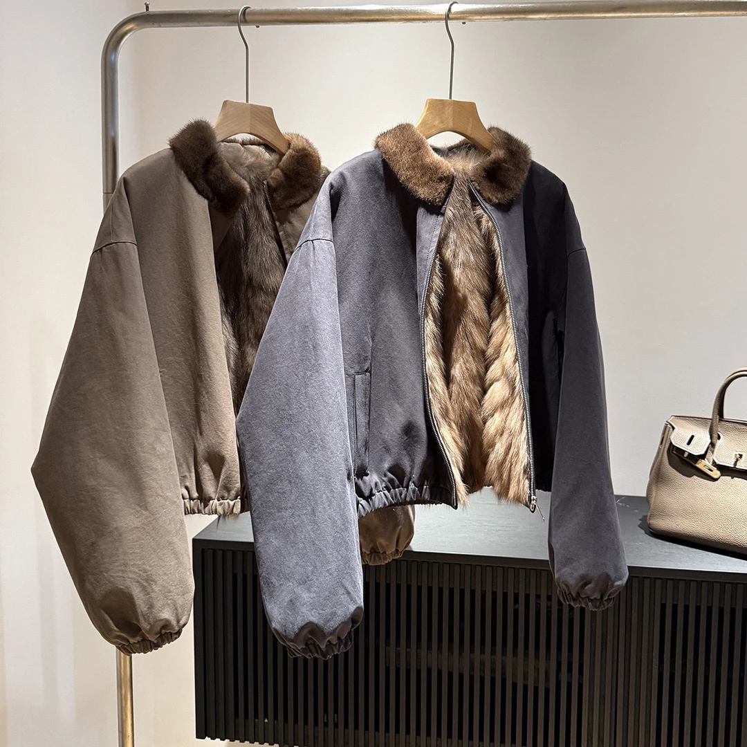 韩版休闲短款立领农夫色紫水貂白鹅绒皮草派克服女装外