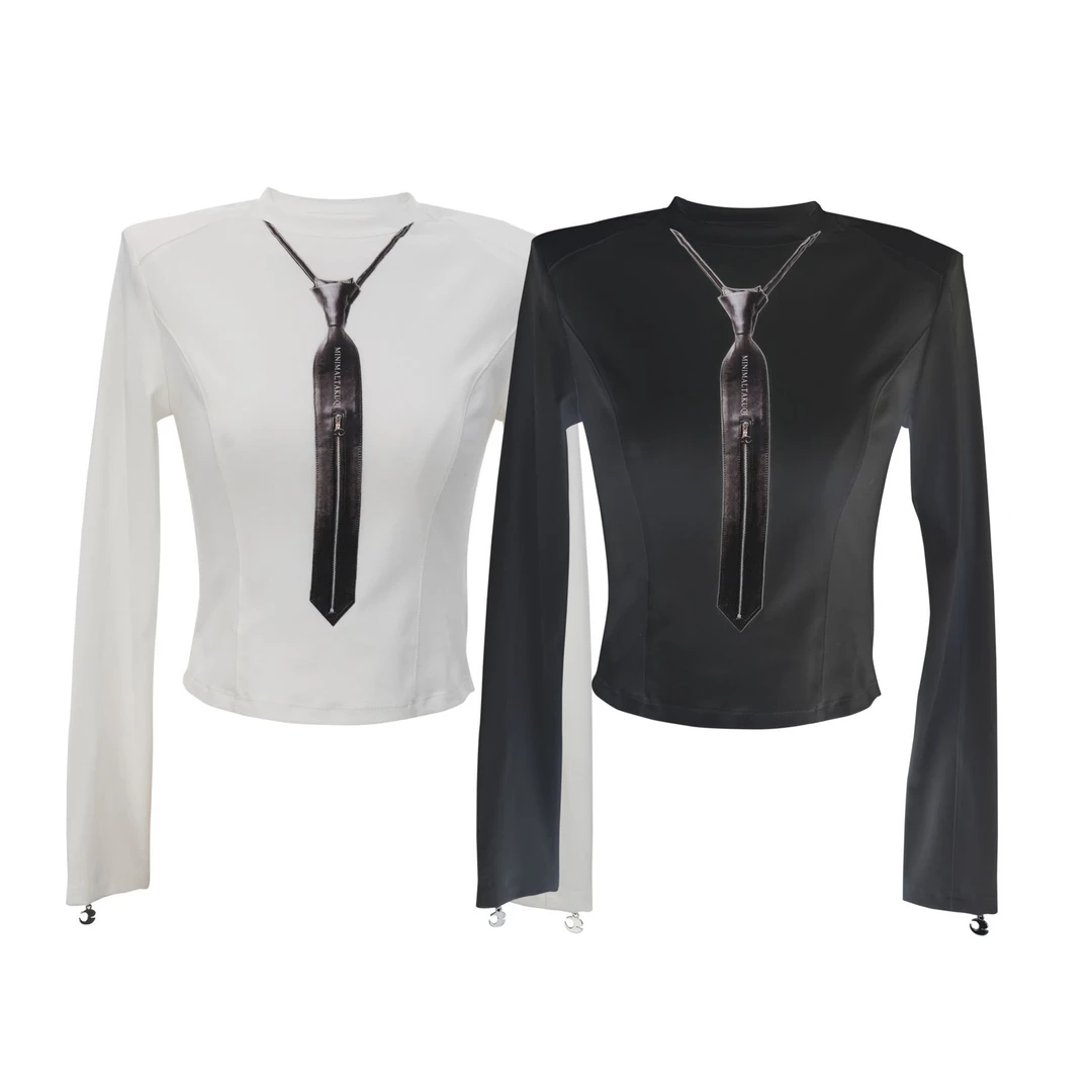 JIANMANSI高品质原创设计百搭修身显瘦弹力3D领带印花上衣