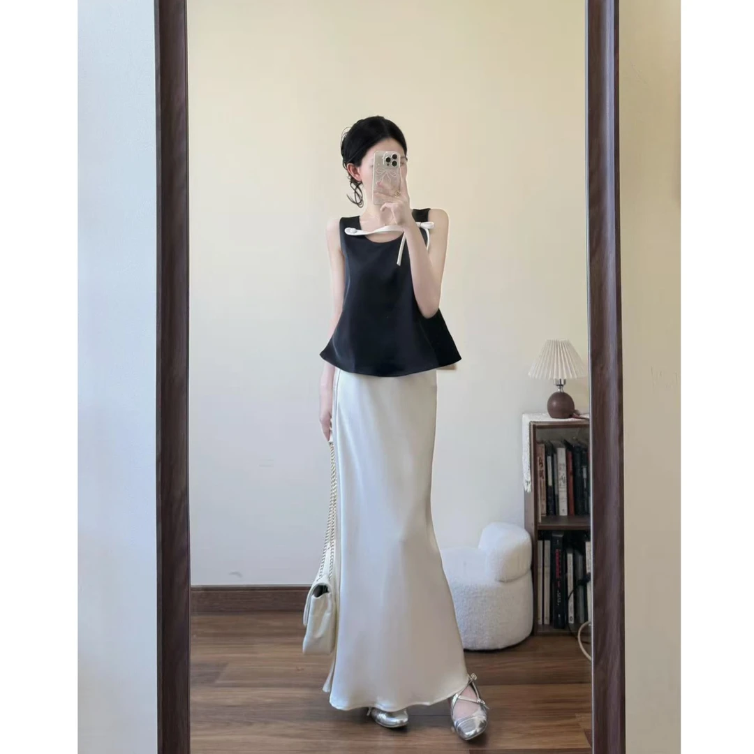 2025春季新款修身显瘦休闲百搭无袖上衣气质时尚高腰A字半身长裙