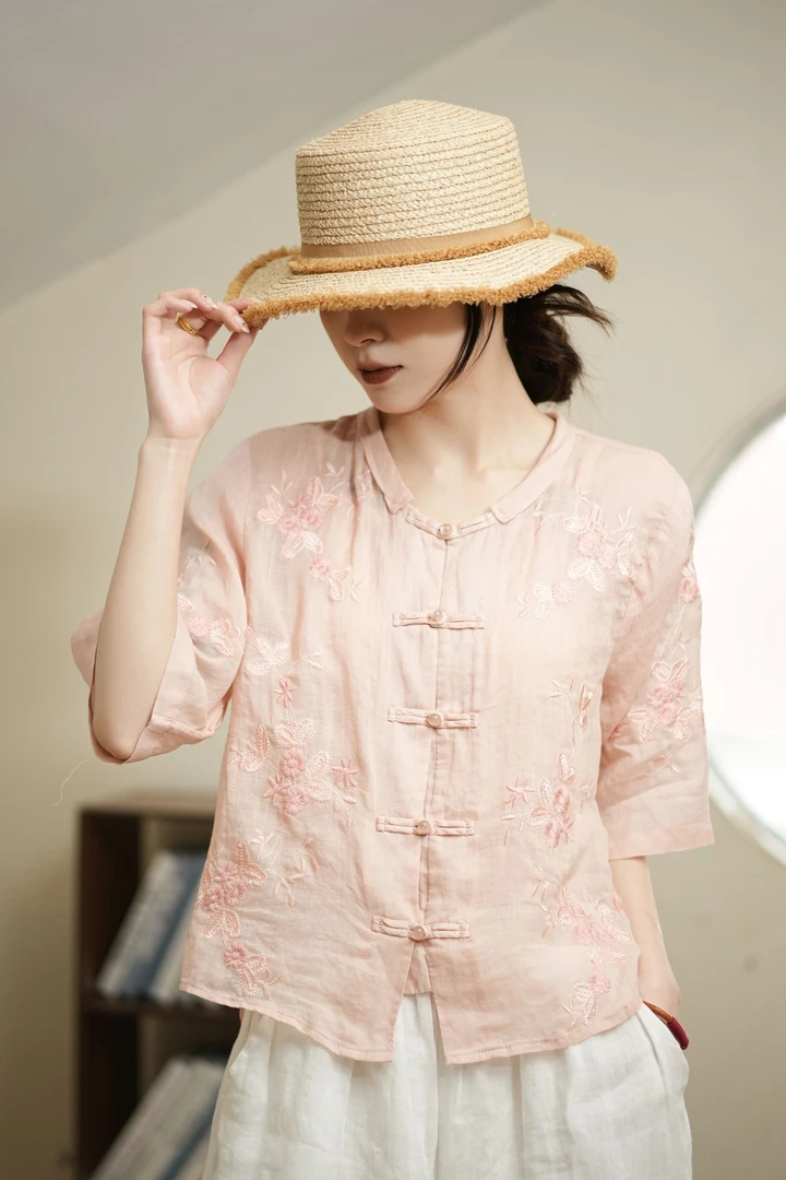 100%苎麻新中式国风衬衫2025夏季新款小个子复古盘扣百搭刺绣上衣