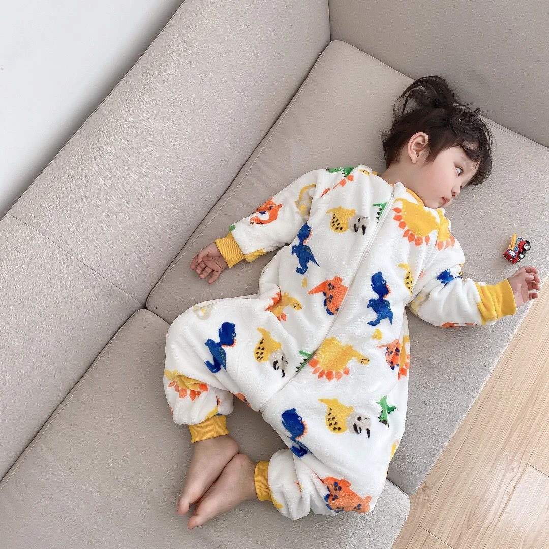 男女宝宝睡袋法兰绒秋冬季加绒加厚珊瑚绒分腿儿童防踢被睡袋yw