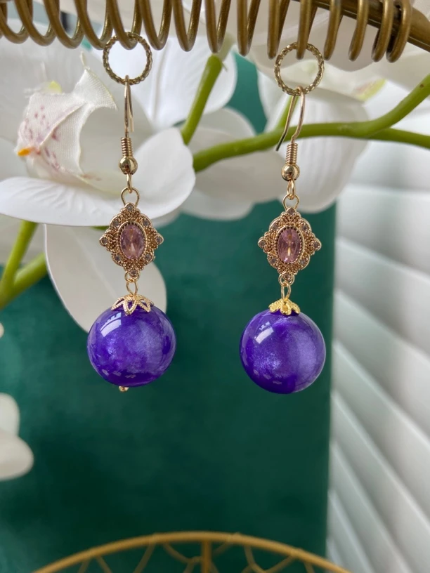合金树脂耳饰 紫色大珠粉钻配件