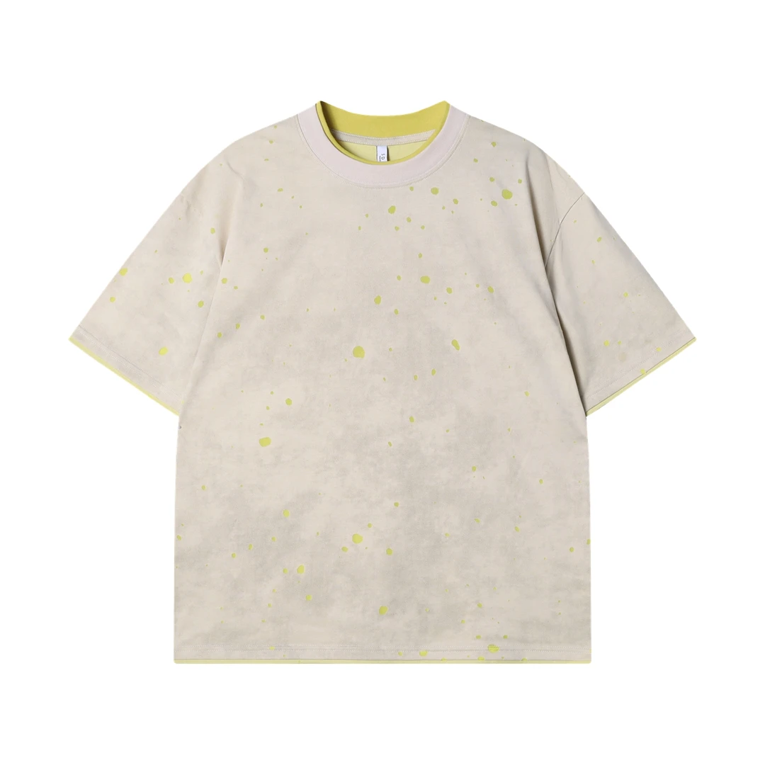 夏季高级感新款美式撞色破洞假两件圆领短袖T恤百搭休闲宽松上衣