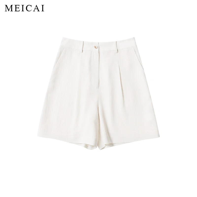 美裁 新款 轻薄透气麻感三醋酸高腰极简通勤休闲西装短裤