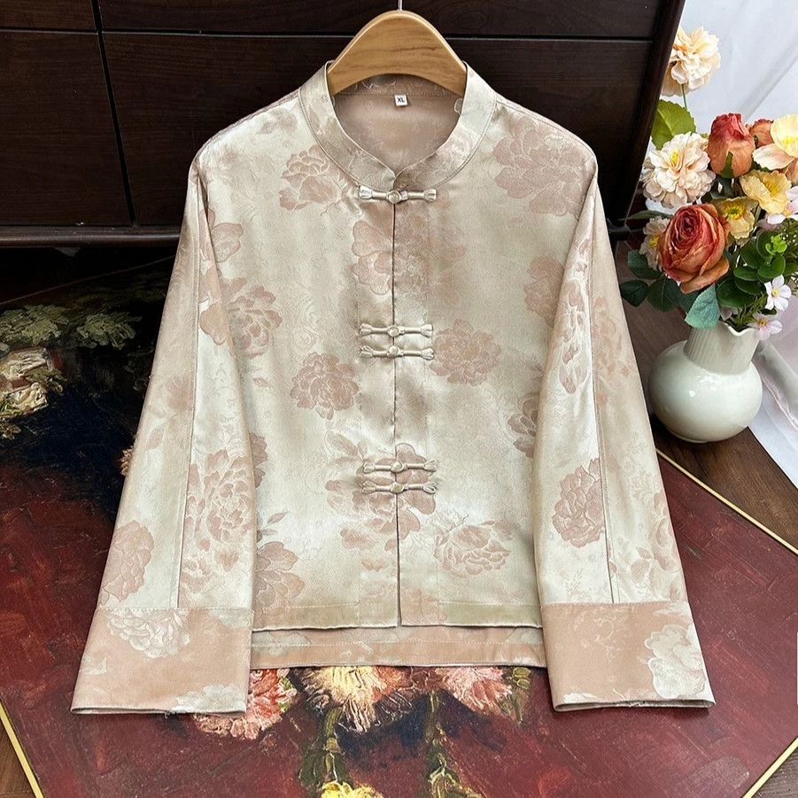 （淡雅提花缎外套）2025春季新款国风时尚舒适气质盘扣显瘦上衣
