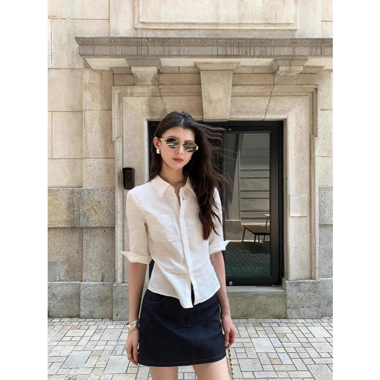 白色亚麻衬衫女韩系2025夏修身显瘦中袖衬衣百搭系带收腰上衣外套
