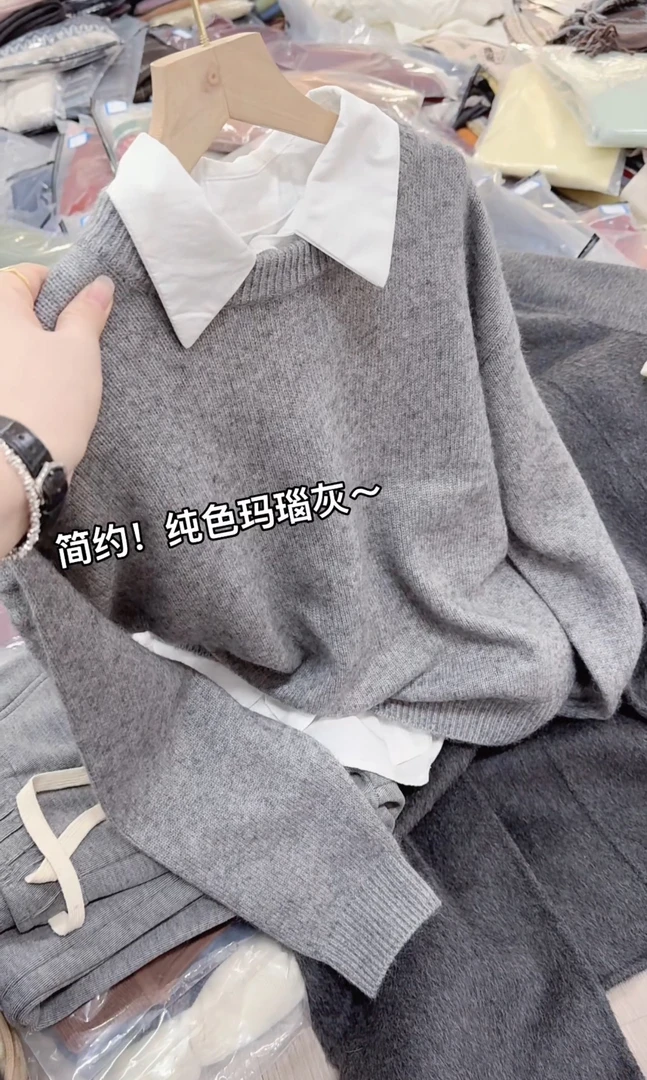 米蓝家名殿！巨洋气～玛瑙灰慵懒圆领套头毛衣8268