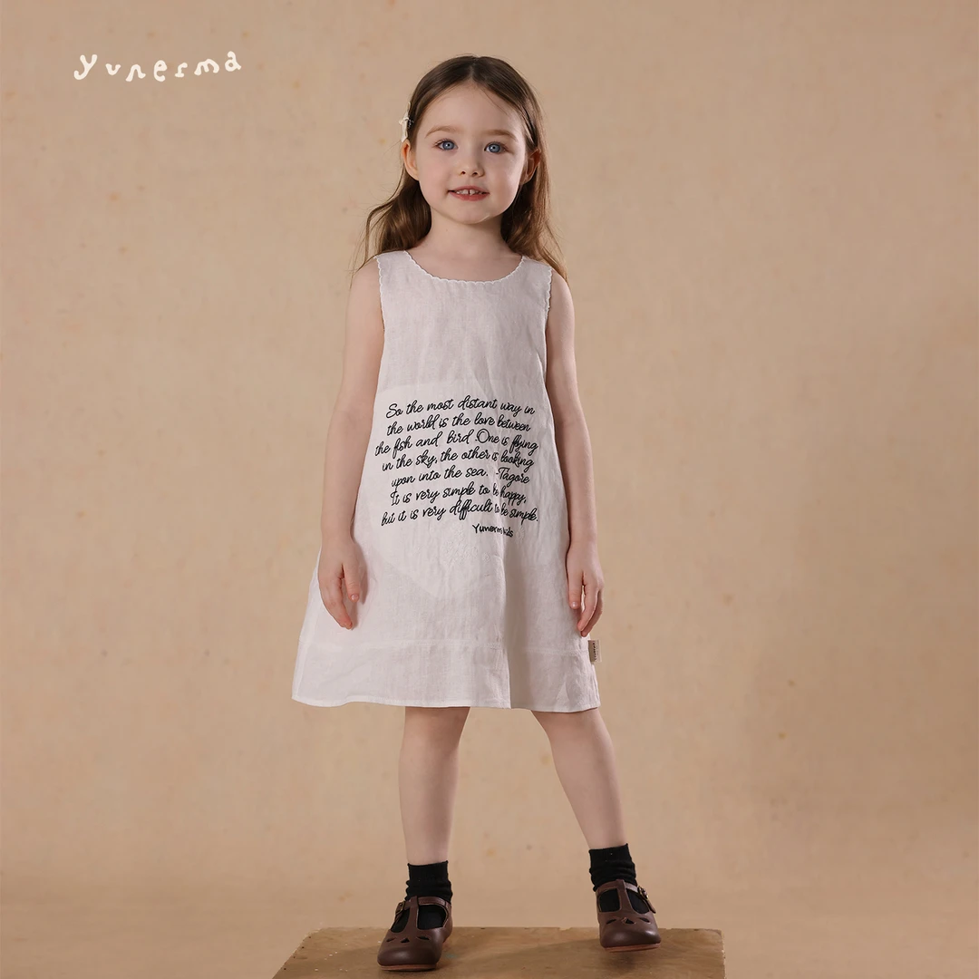 允儿妈女童2025夏季纯亚麻花边刺绣背心裙宝宝洋气连衣裙公主裙潮