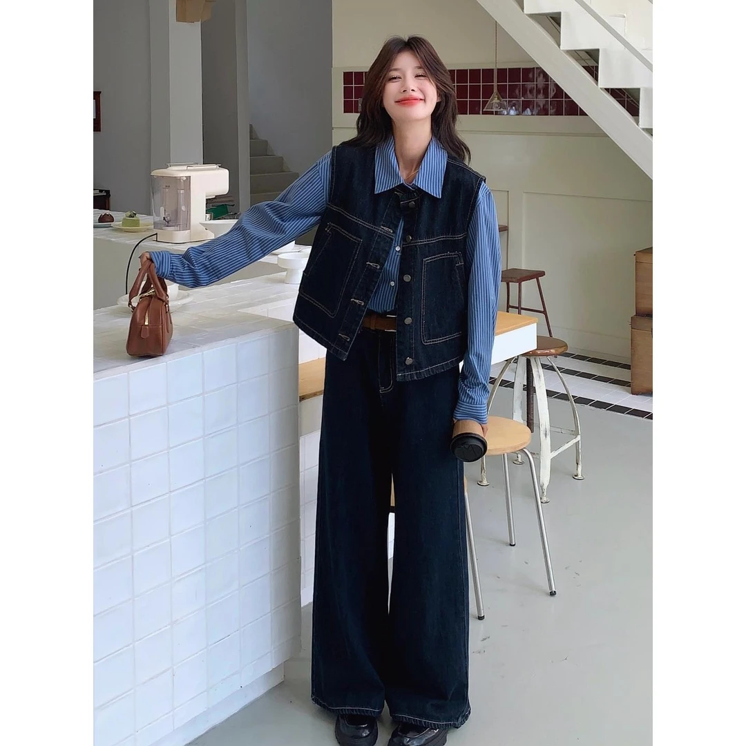 复古摩登叠穿牛仔马甲条纹衬衣阔腿裤套装女2025秋时尚显高三件套