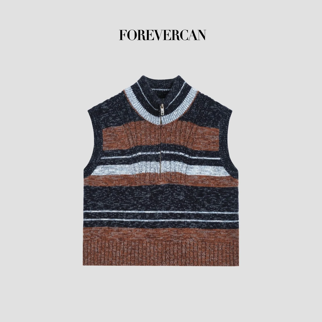 FOREVERCAN“阿布扎比”不规则撞色条纹立领针织马甲背心上衣MY4618