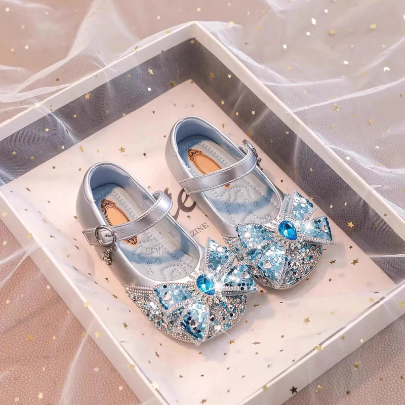 ABC儿童公主鞋2025新款女童鞋爱莎皮鞋亮晶晶单鞋女宝蓝色水晶鞋