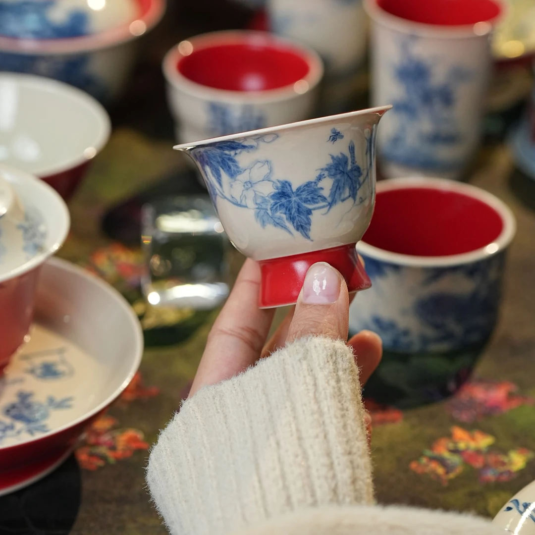 雨香斋景德镇高温纯手工手绘宫墙红瓜藤高足主人杯