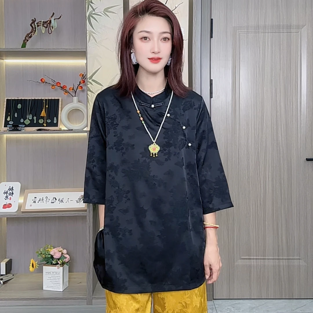 新中式早秋款立领中袖提花女装上衣套头衬衫斜襟百搭