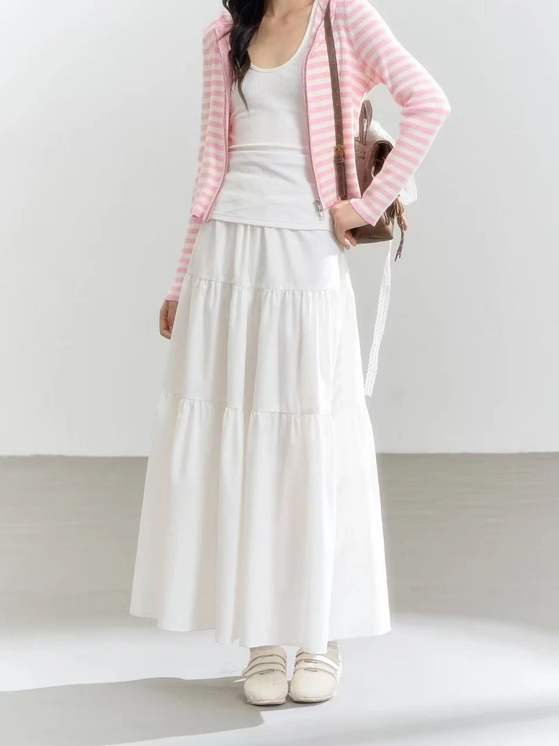 D7/8/9-1米白色“纯色”松紧腰半身裙（无花边）