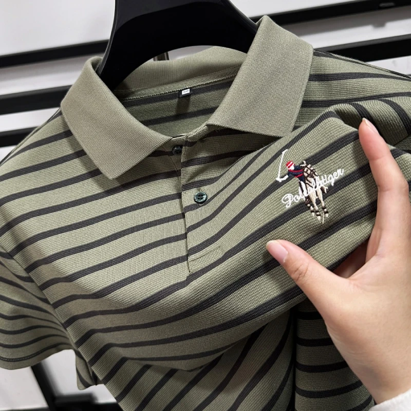 CATIA SELI夏季男士翻领polo衫短袖T恤条纹刺绣休闲透气半袖上衣