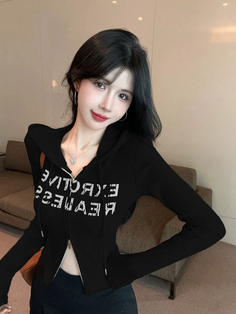 美式复古字母印花设计感连帽长袖针织开衫女秋季新款双拉链短外套
