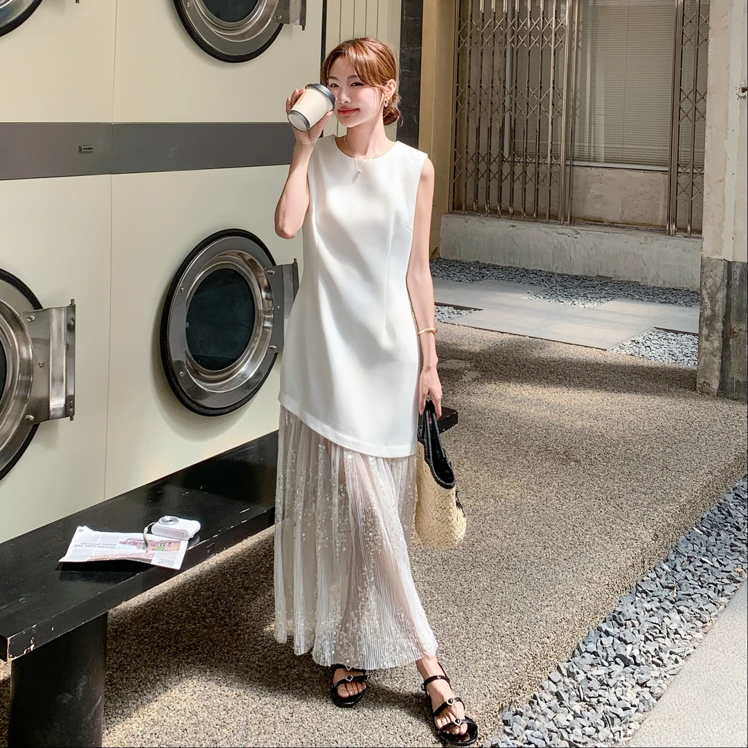 网纱拼接无袖背心连衣裙女2025年夏季新款显瘦气质时尚百搭长裙子