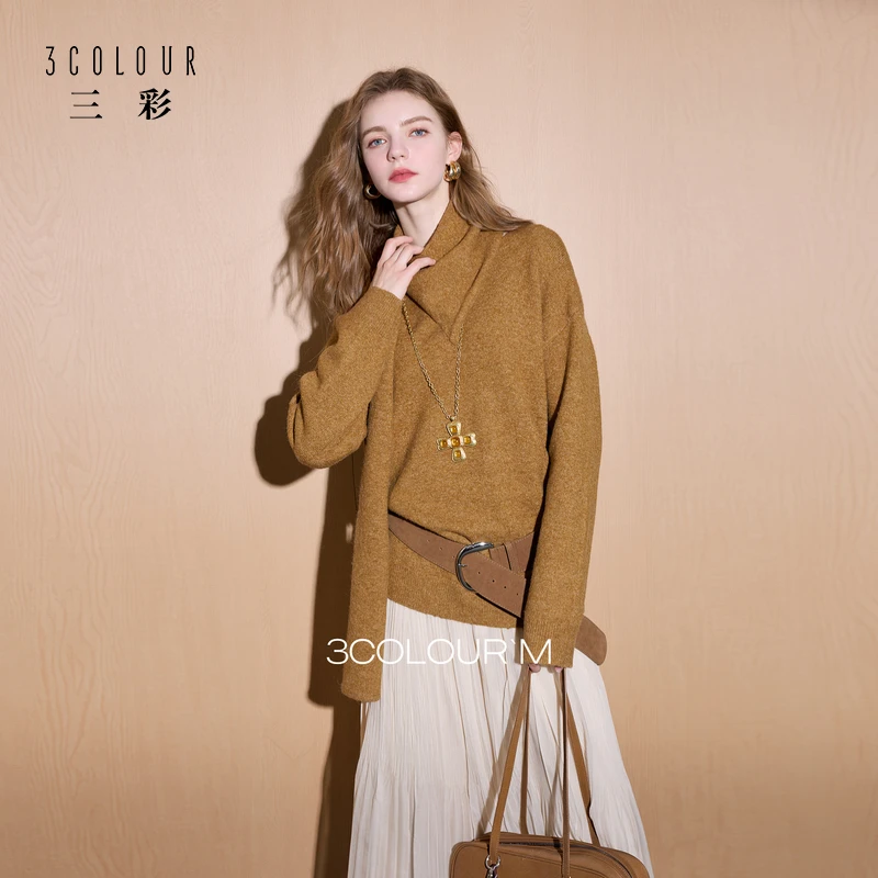 三彩2025冬季新款围巾领针织衫长袖套头衫宽松简约上衣毛衫休闲M