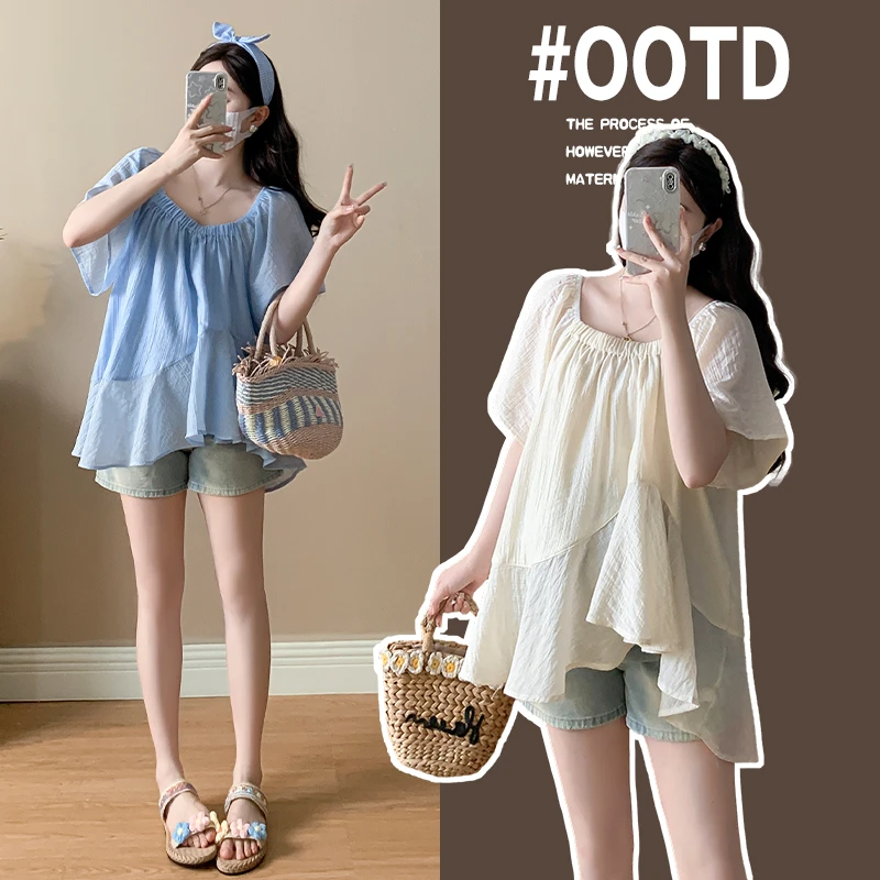 小清新孕妇装夏季不规则减龄短袖娃娃衫上衣洋气时尚显瘦方领衬衫