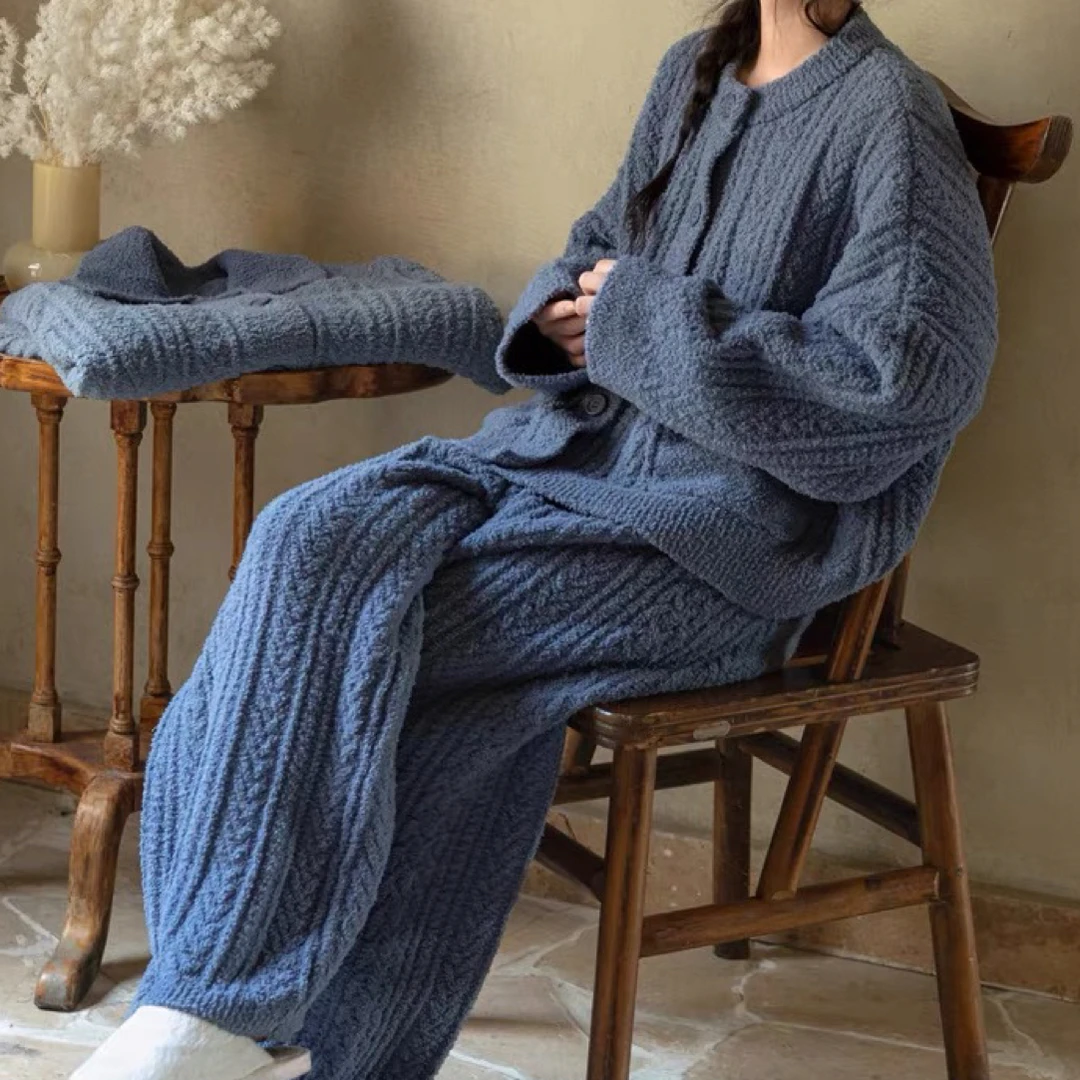 族玛士睡衣女秋冬季半边绒加厚加绒大码可外穿冬天家居服套装冬天