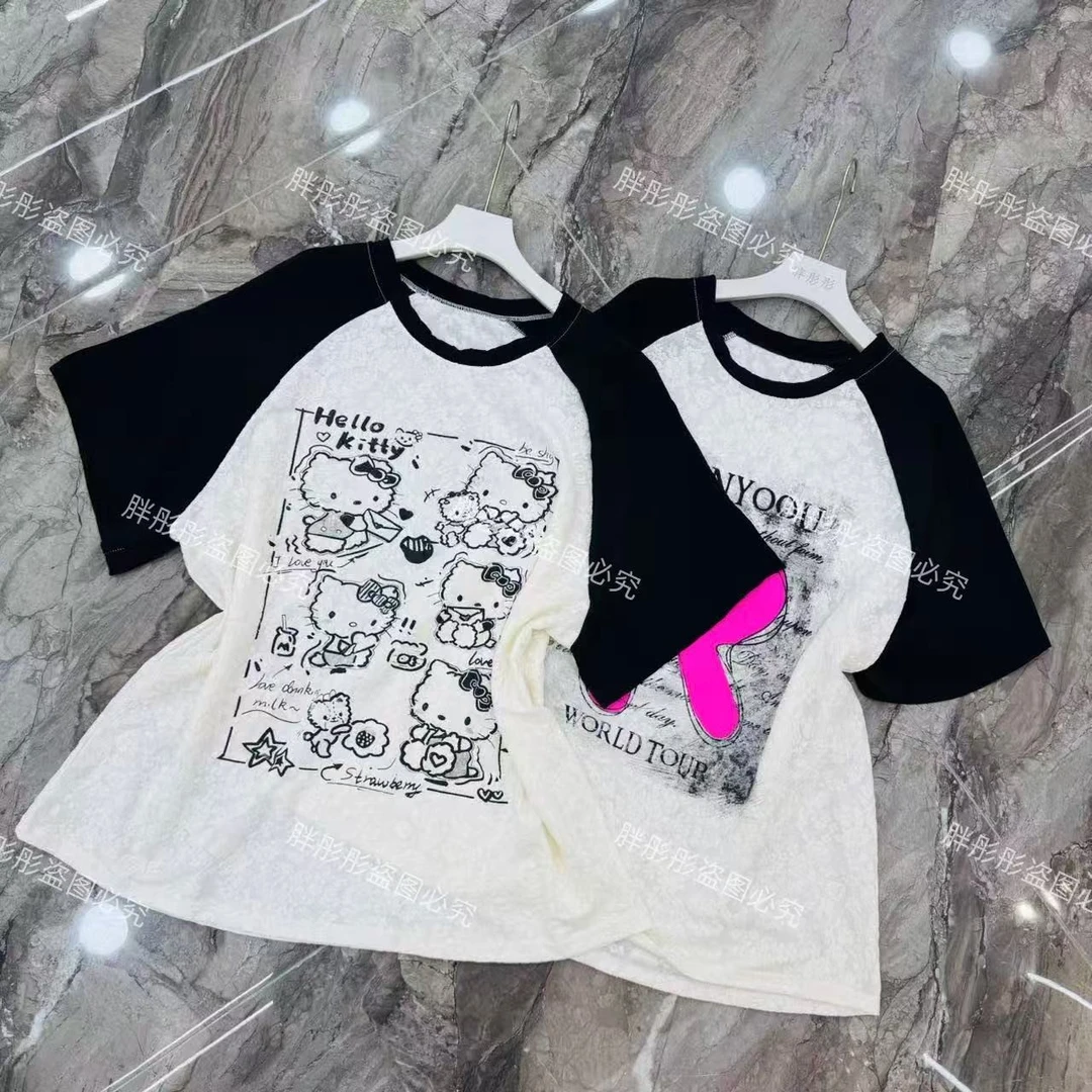 【彤彤家】6518#6518#蕾丝提花印图插肩短袖衫Y/524