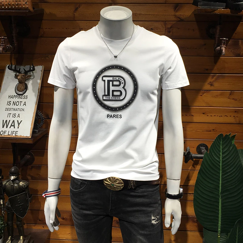 范希巴迪夏季双丝光棉短袖冰丝t恤男士欧洲站烫钻印花半袖打底衫