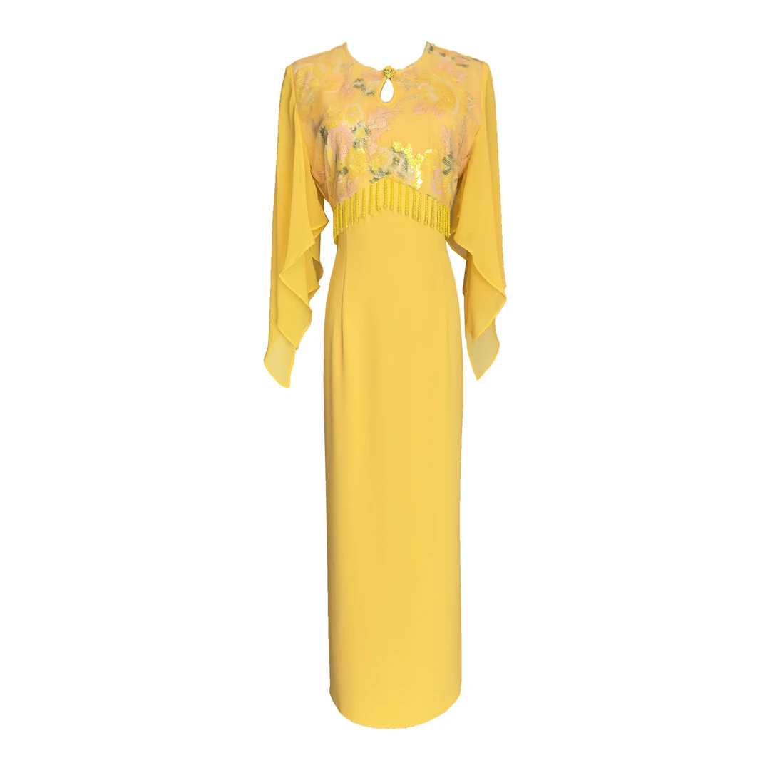 原创设计重工亮片刺绣连衣裙复古中式修身黄色一步裙优雅汉服礼服