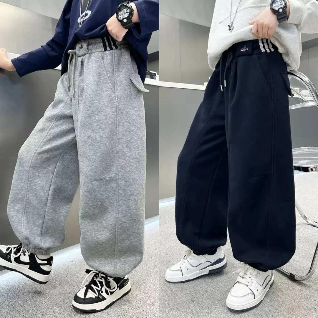 男女童通用秋冬季加绒加毛加厚新款百搭休闲裤童装长裤宽松弯刀裤