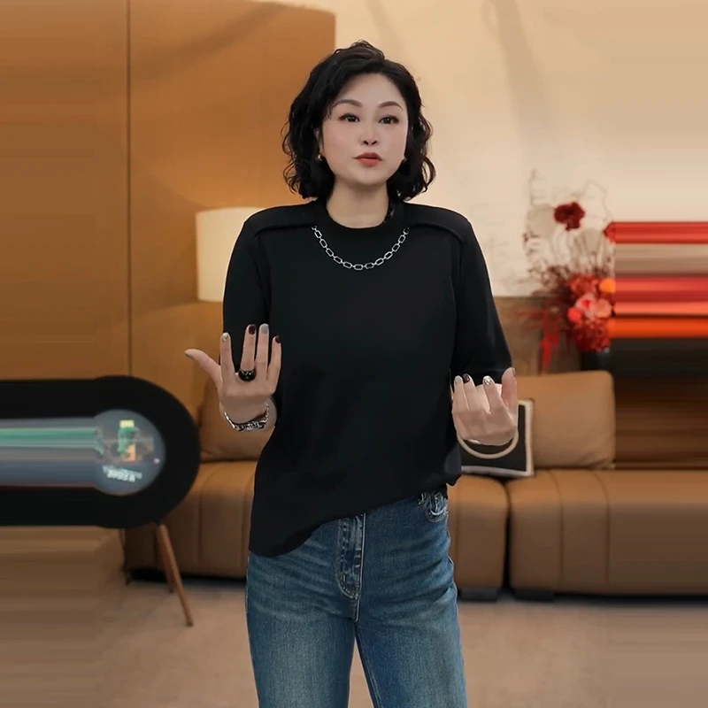 时尚高级感正肩短袖t恤女款夏季气质减龄纯色小衫设计款别致上衣