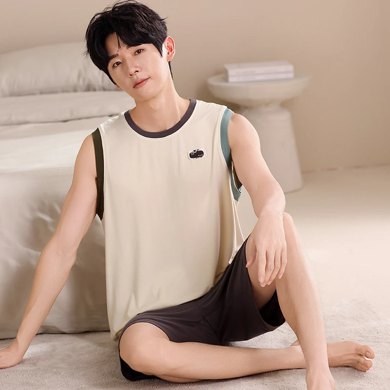 夏季莫代尔背心男士睡衣无袖薄款男生家居服青年学生短袖男夏套装